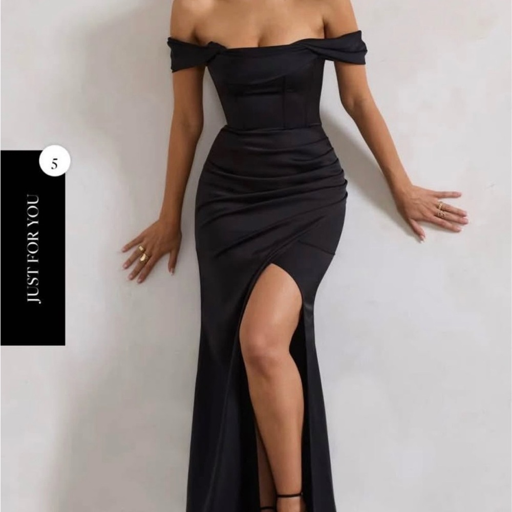 Club L London Kimberly Black Bardot Satin Maxi Dress